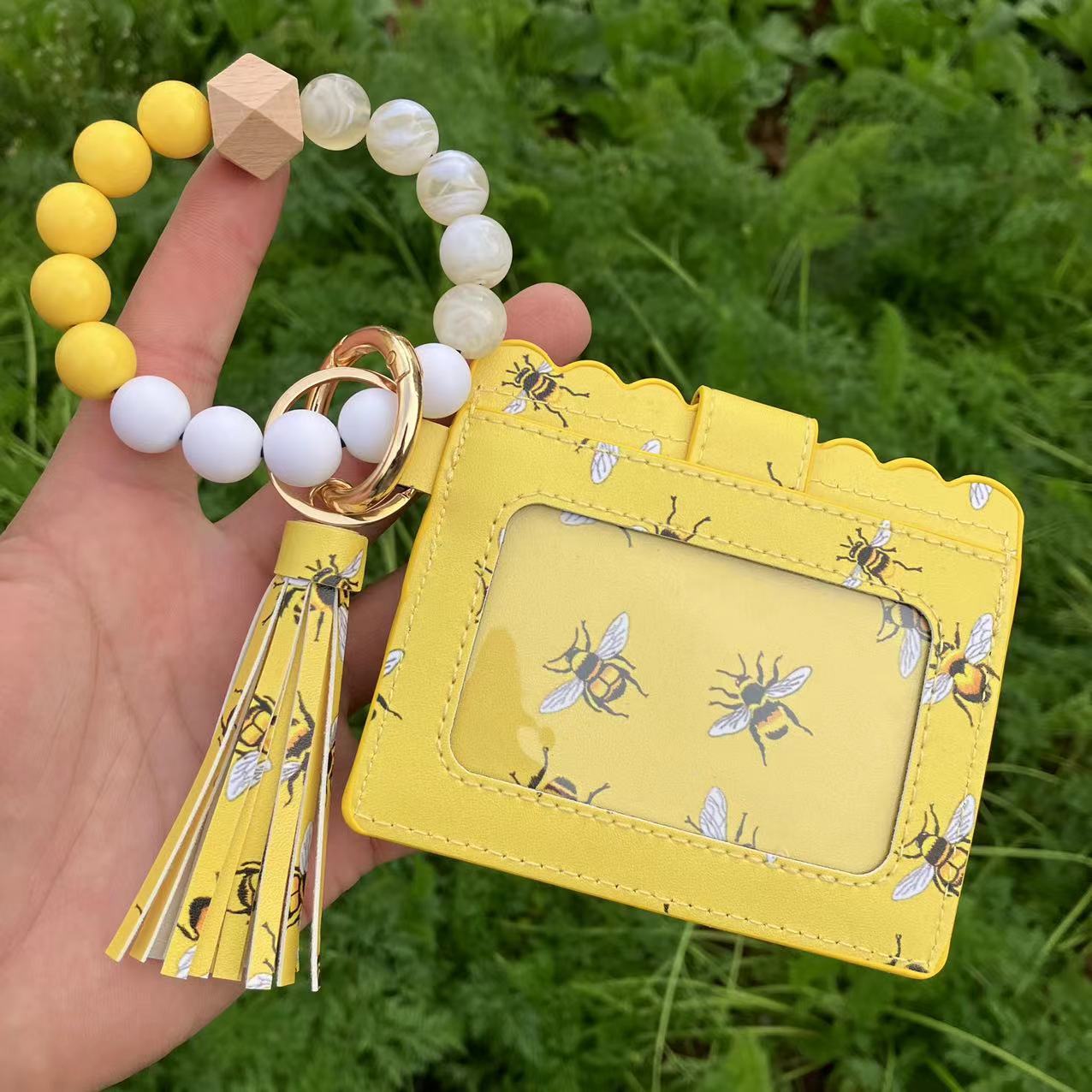 Wholesale Card Holder Pu Tassel Beads Bracelet Wallet Keychain